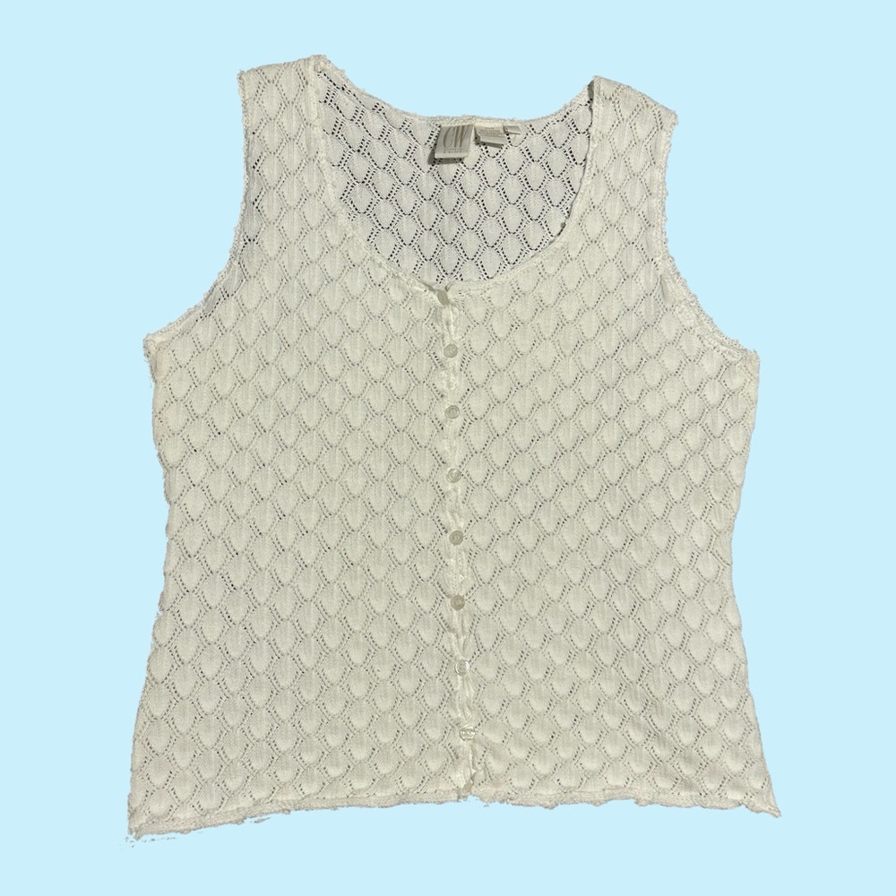 Vintage Lace Crochet Knit Button Down Tank Top in White/Cream - L